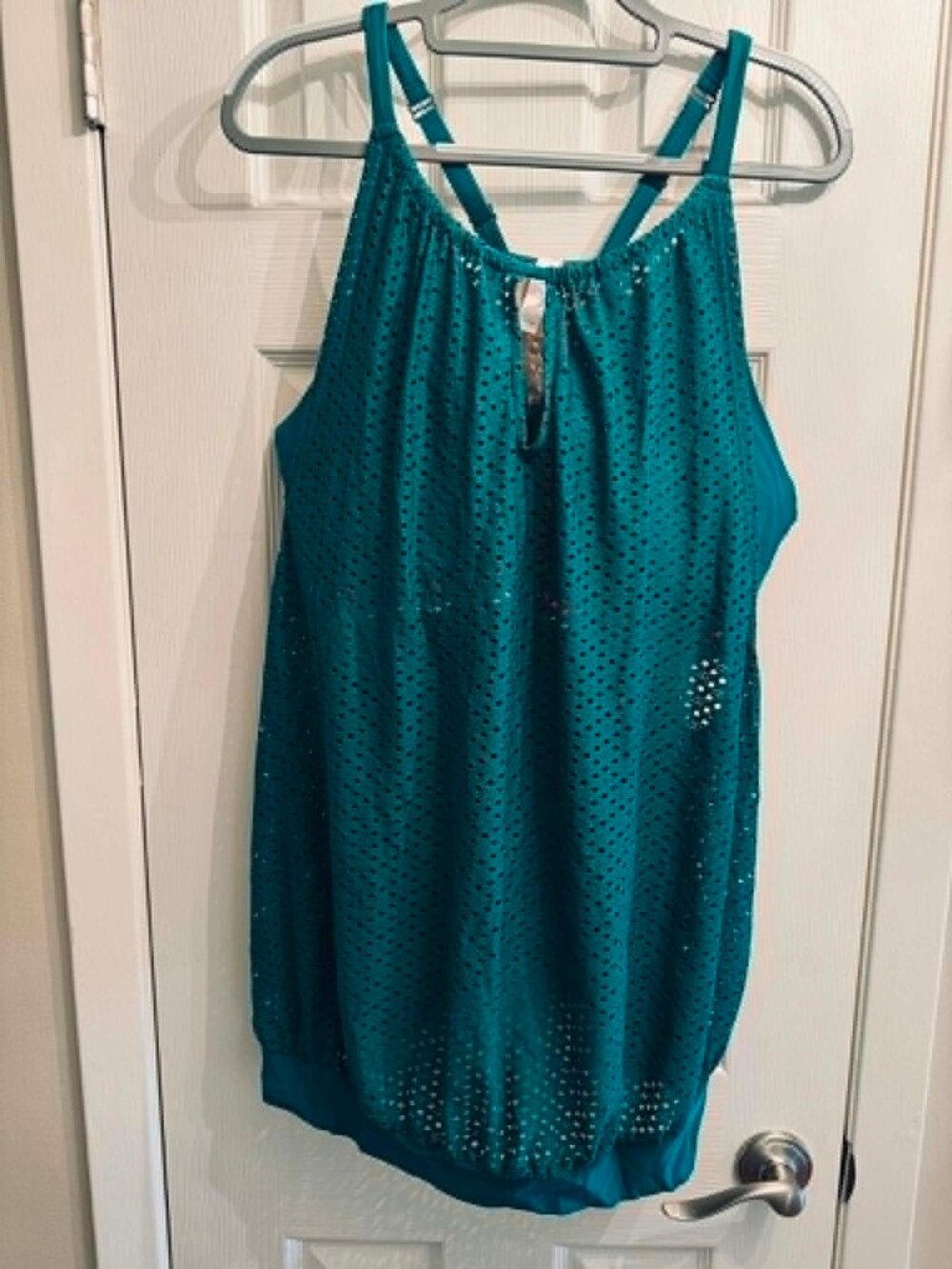 Cacique Swim by Lane Bryant Teal Crochet Overlay Tankini Top 44DD